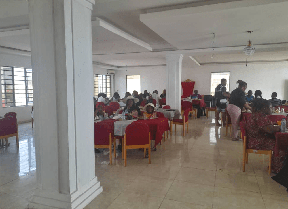 Conference hall set up with tables and chairs